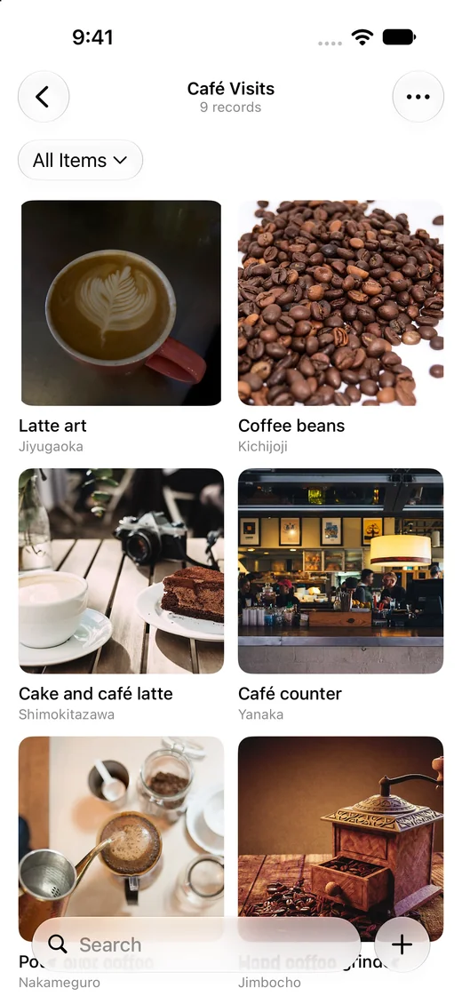 See your cafés in a list, photo grid, or map.：Photos