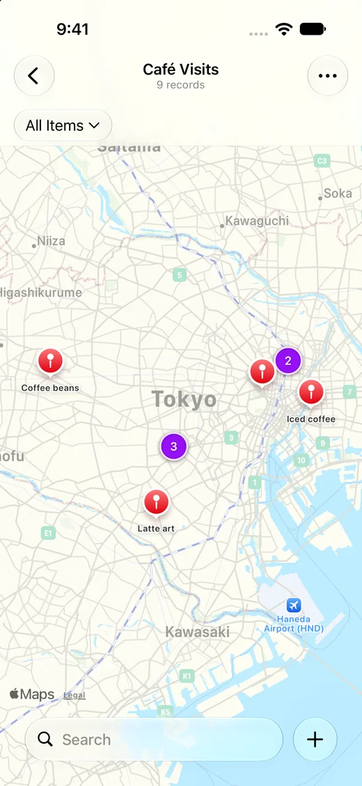 See your cafés in a list, photo grid, or map.：Map