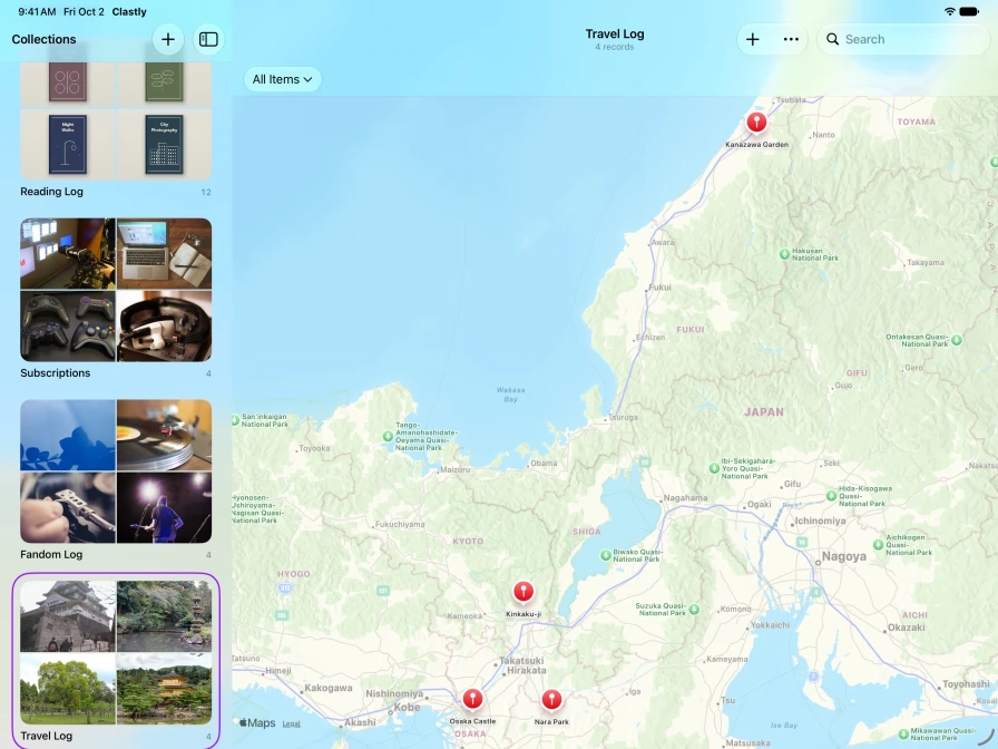 A travel log on iPad with pins for Kyoto, Kanazawa, Nara, and Osaka.