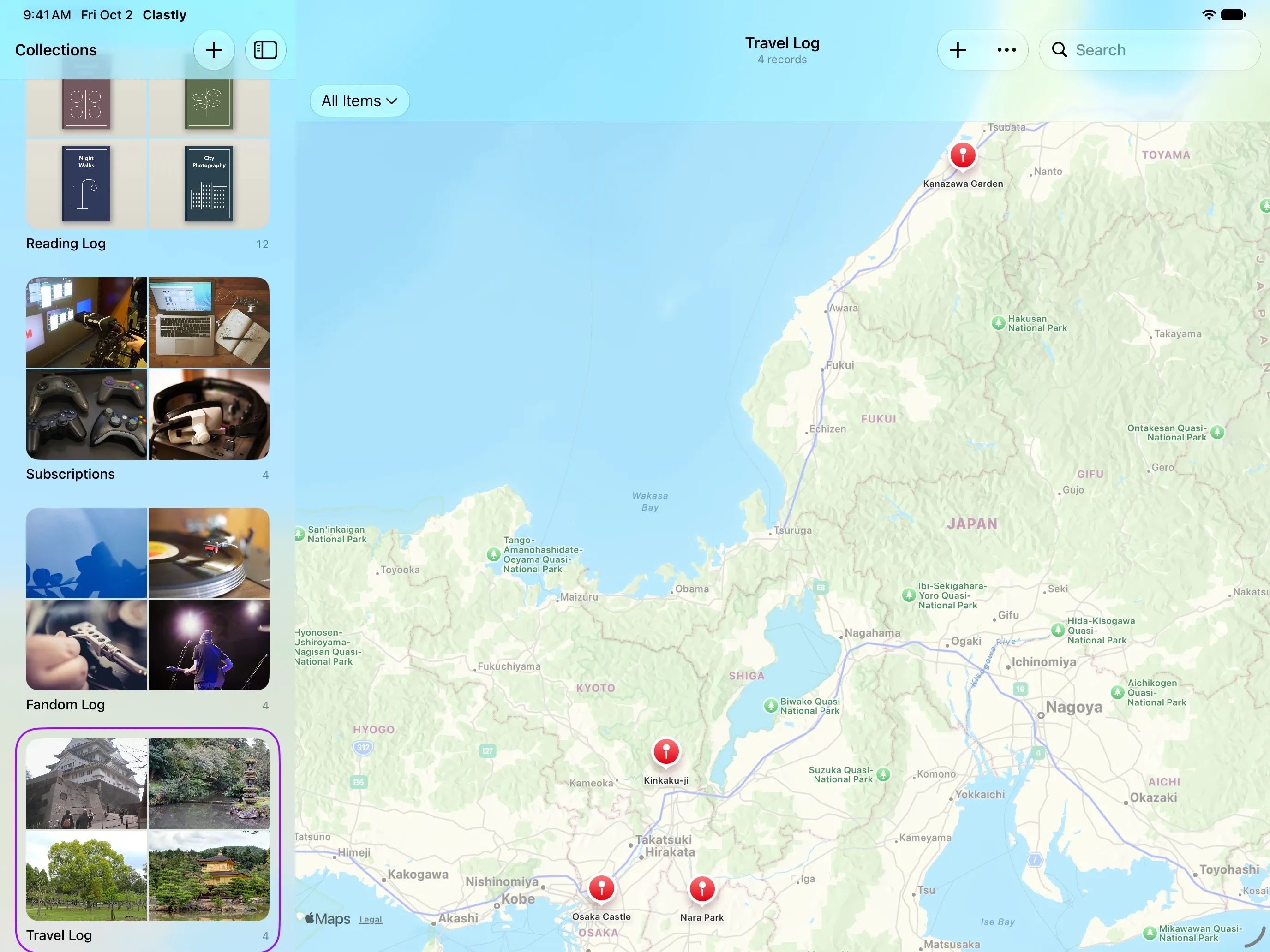 Four saved stops pinned on the Travel Log map on iPad